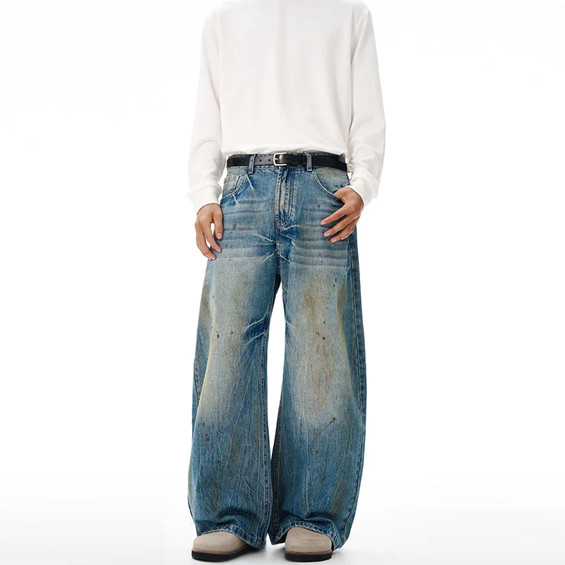 Herren Ultraweite Denim-Baggyhose im Vintage-Look mit Farbpatina und tiefem Schritt Drune