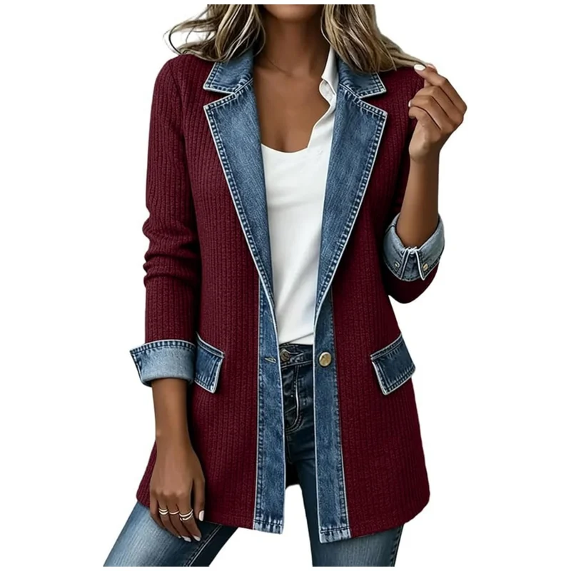 Damen Strickblazer mit Jeansbesatz und tailliertem Schnitt Drune