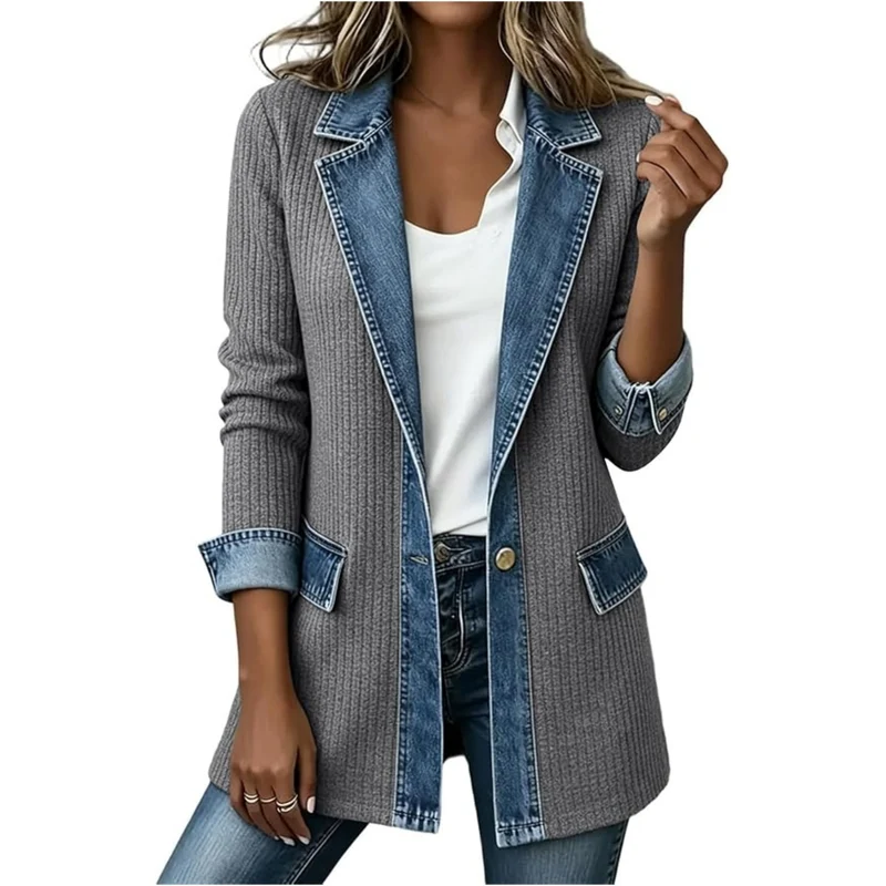 Damen Strickblazer mit Jeansbesatz und tailliertem Schnitt Drune