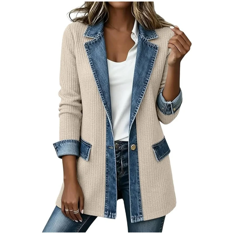 Damen Strickblazer mit Jeansbesatz und tailliertem Schnitt Drune