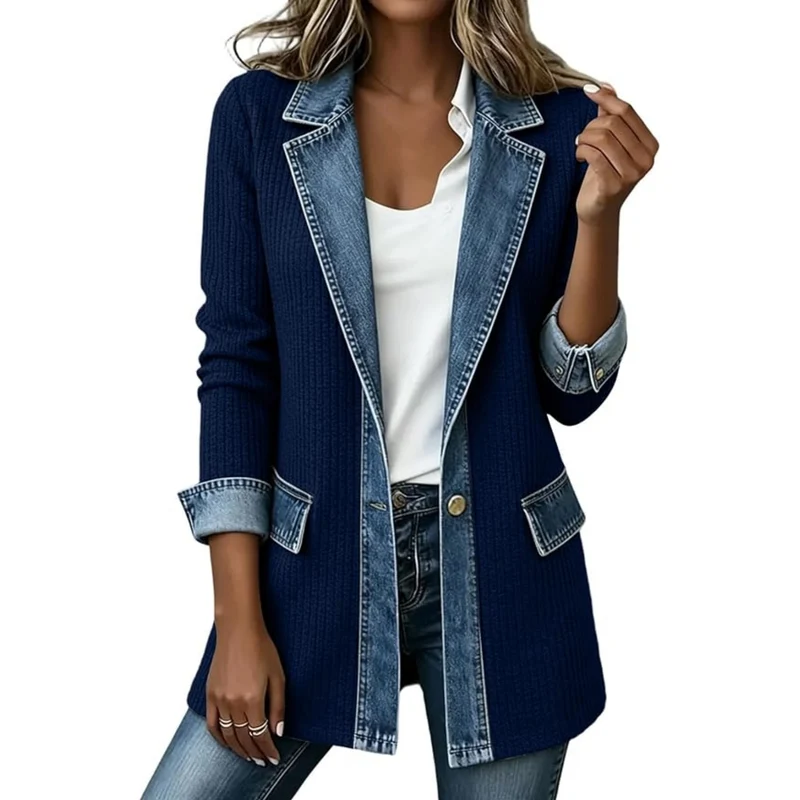 Damen Strickblazer mit Jeansbesatz und tailliertem Schnitt Drune
