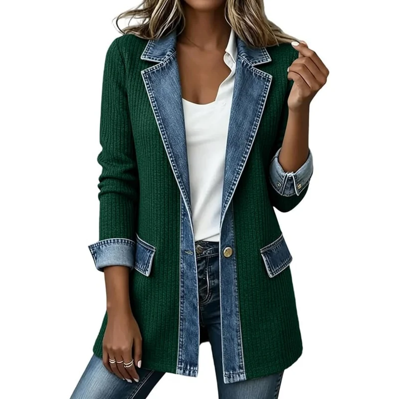 Damen Strickblazer mit Jeansbesatz und tailliertem Schnitt Drune