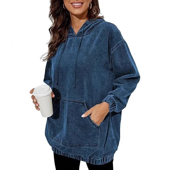 Damen Oversized Kapuzenpullover im Denim‑Look mit Kängurutasche Drune