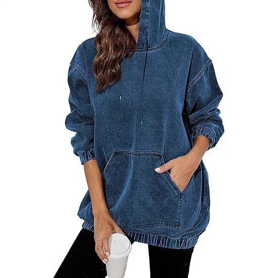 Damen Oversized Kapuzenpullover im Denim‑Look mit Kängurutasche Drune