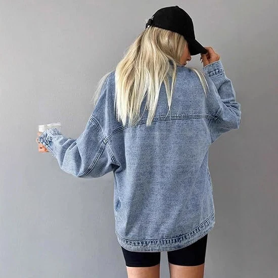 Damen Oversize Jeansjacke mit tiefer Passe, geradem Saum und Vintage‑Waschung Drune