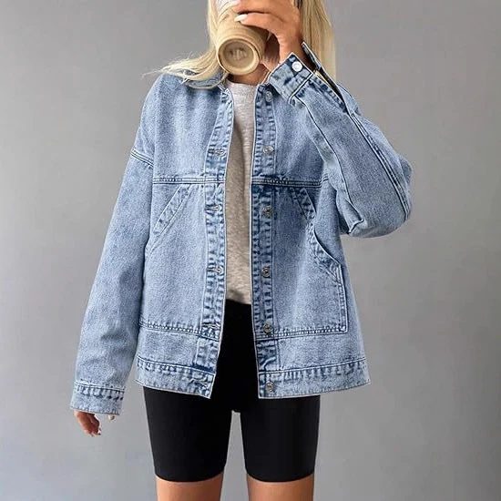 Damen Oversize Jeansjacke mit tiefer Passe, geradem Saum und Vintage‑Waschung Drune