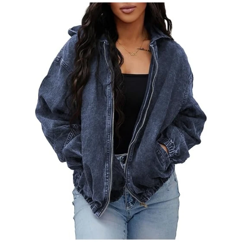 Damen Oversize-Jeansjacke mit Kapuze, Reißverschluss und Vintage-Waschung Drune