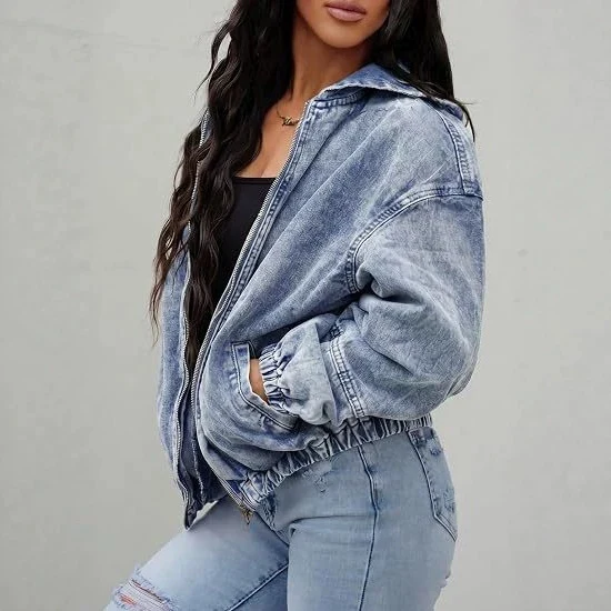 Damen Oversize-Jeansjacke mit Kapuze, Reißverschluss und Vintage-Waschung Drune