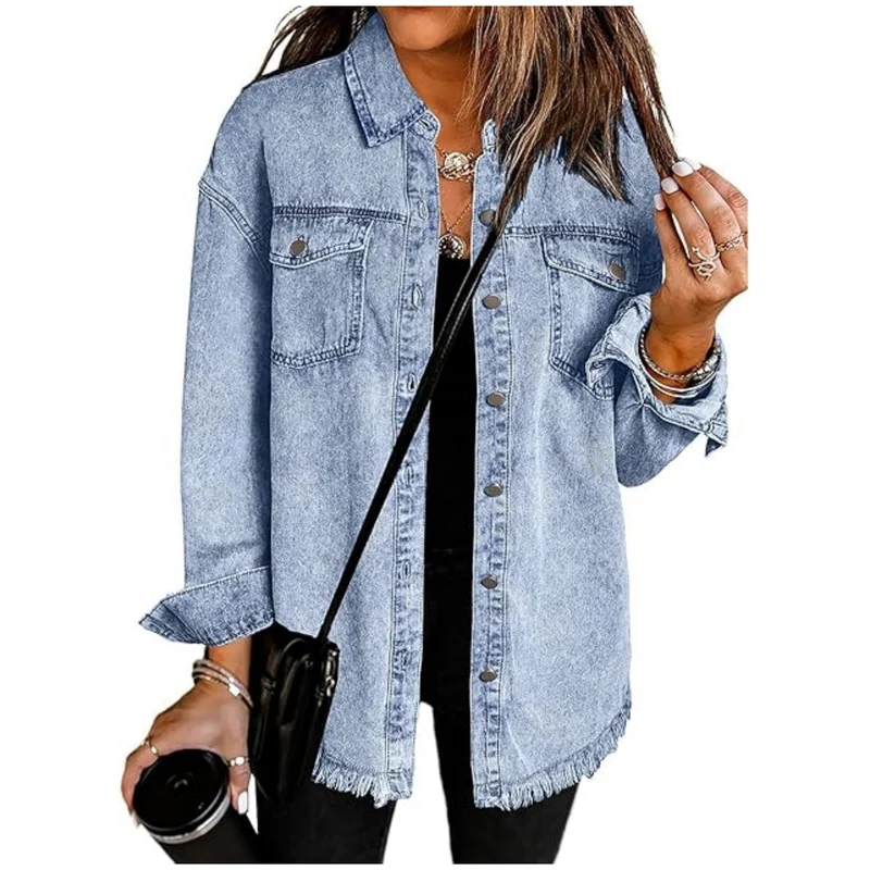 Damen Oversize Jeanshemdjacke mit Fransen und Brusttaschen Drune