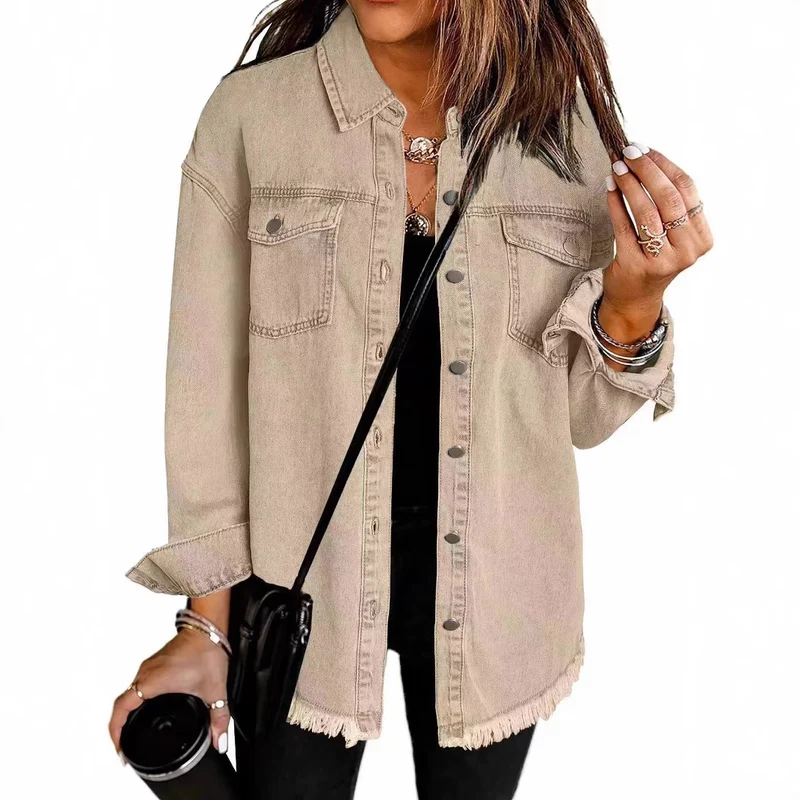 Damen Oversize Jeanshemdjacke mit Fransen und Brusttaschen Drune