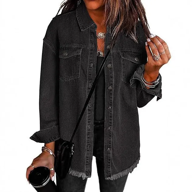 Damen Oversize Jeanshemdjacke mit Fransen und Brusttaschen Drune