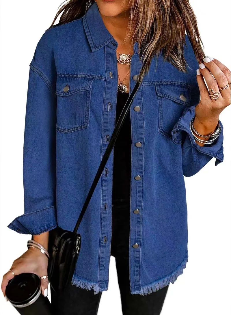 Damen Oversize Jeanshemdjacke mit Fransen und Brusttaschen Drune