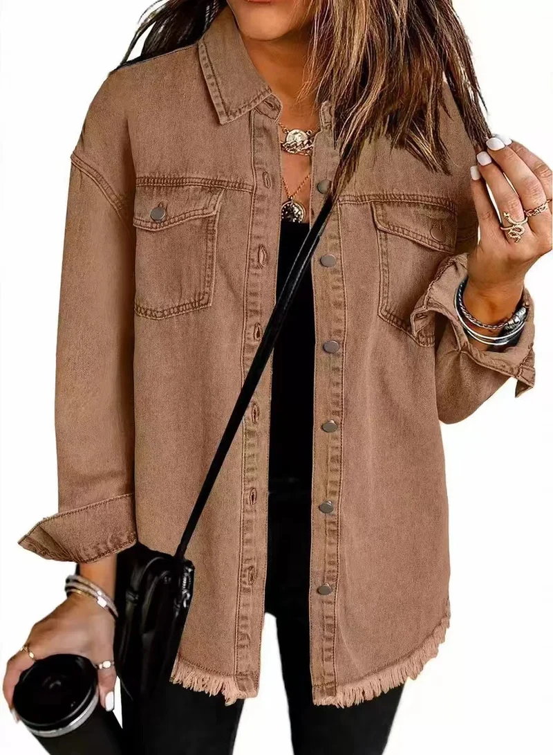 Damen Oversize Jeanshemdjacke mit Fransen und Brusttaschen Drune