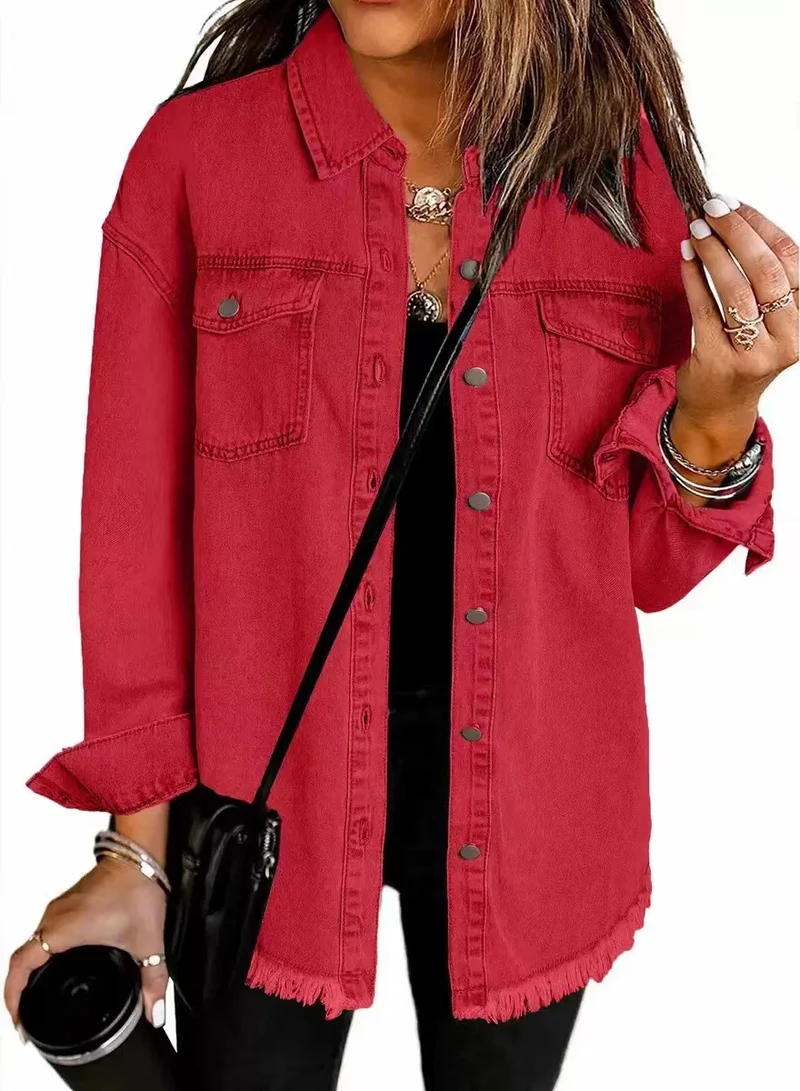 Damen Oversize Jeanshemdjacke mit Fransen und Brusttaschen Drune