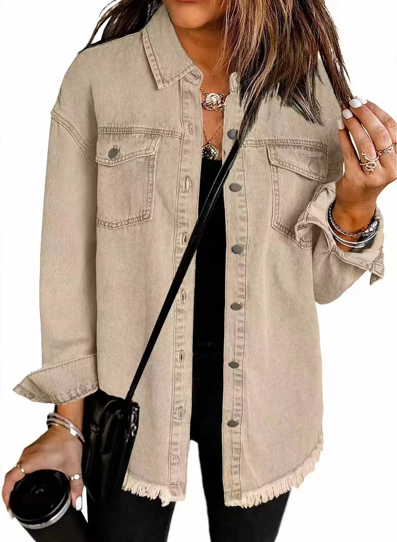 Damen Oversize Jeanshemdjacke mit Fransen und Brusttaschen Drune
