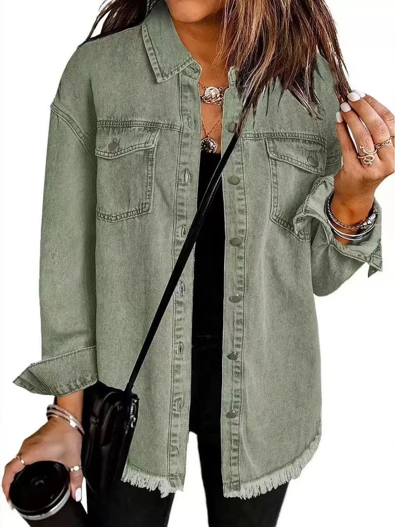 Damen Oversize Jeanshemdjacke mit Fransen und Brusttaschen Drune