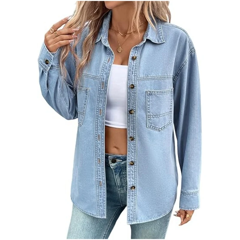 Damen Oversize Jeanshemdjacke im Washed-Look mit Brusttaschen und durchgehender Knopfleiste Drune