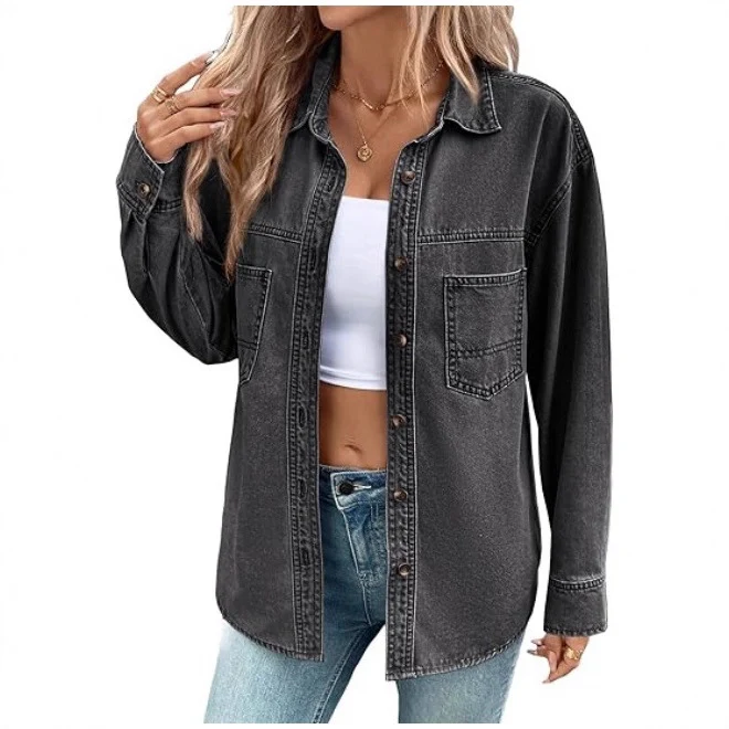 Damen Oversize Jeanshemdjacke im Washed-Look mit Brusttaschen und durchgehender Knopfleiste Drune