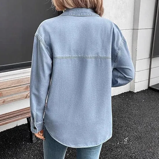Damen Oversize Jeanshemdjacke im Washed-Look mit Brusttaschen und durchgehender Knopfleiste Drune