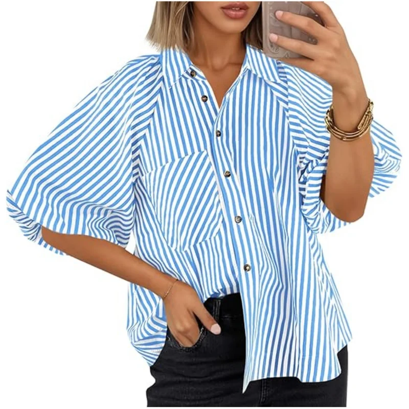 Damen Oversize Hemd mit Ballonärmeln und Streifenmuster Drune