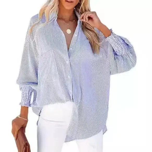Damen Oversize-gestreifte Leinenoptik-Bluse mit Smokbündchen Drune