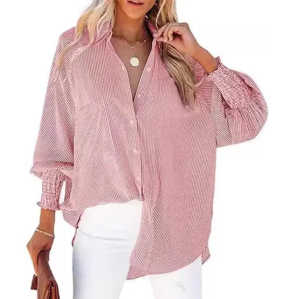 Damen Oversize-gestreifte Leinenoptik-Bluse mit Smokbündchen Drune