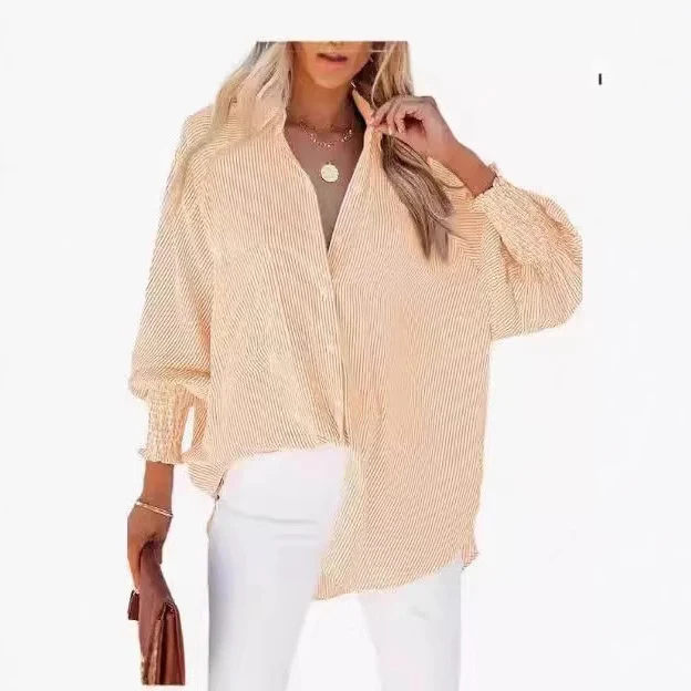 Damen Oversize-gestreifte Leinenoptik-Bluse mit Smokbündchen Drune