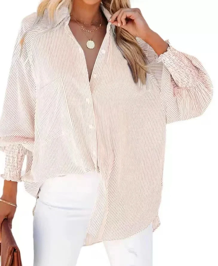 Damen Oversize-gestreifte Leinenoptik-Bluse mit Smokbündchen Drune