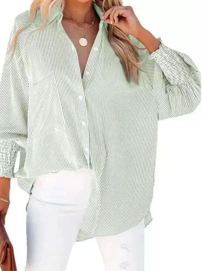 Damen Oversize-gestreifte Leinenoptik-Bluse mit Smokbündchen Drune