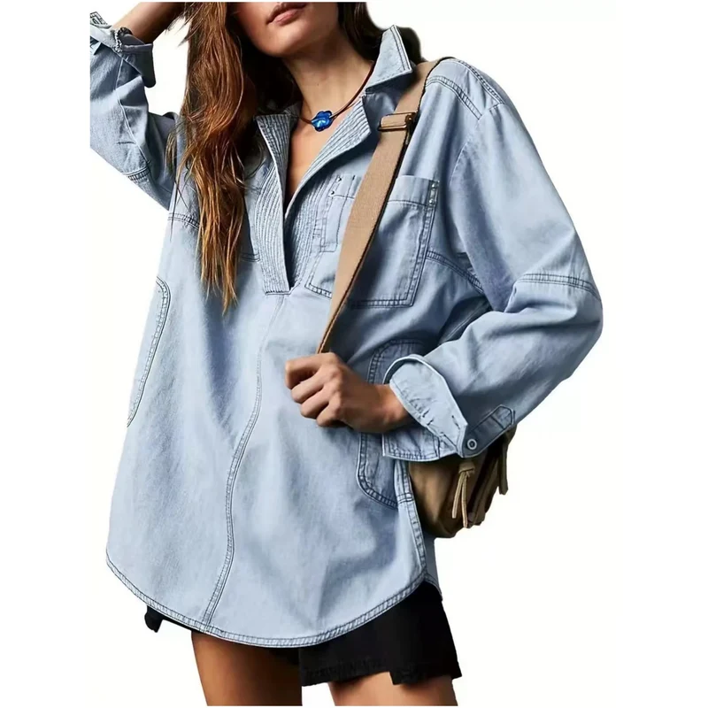 Damen Oversize-Denim-Tunika mit Henley-Ausschnitt und Kängurutasche Drune