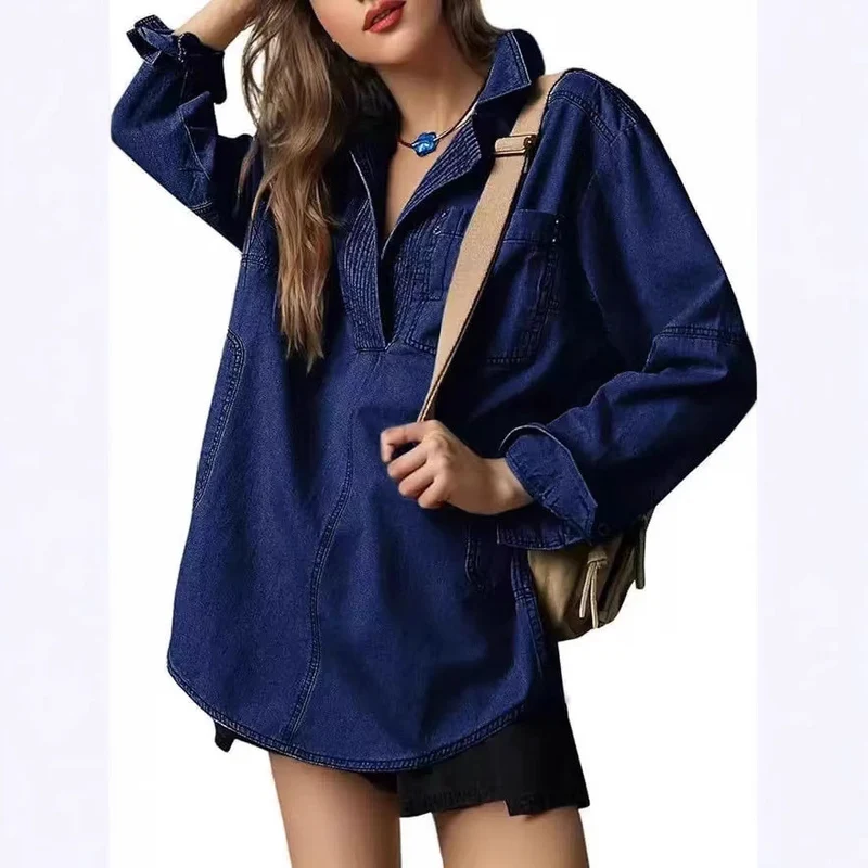 Damen Oversize-Denim-Tunika mit Henley-Ausschnitt und Kängurutasche Drune