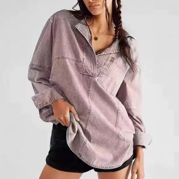 Damen Oversize-Denim-Tunika mit Henley-Ausschnitt und Kängurutasche Drune