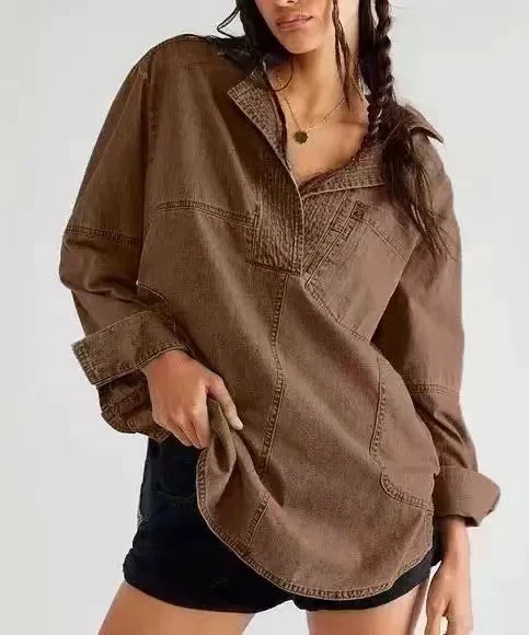 Damen Oversize-Denim-Tunika mit Henley-Ausschnitt und Kängurutasche Drune