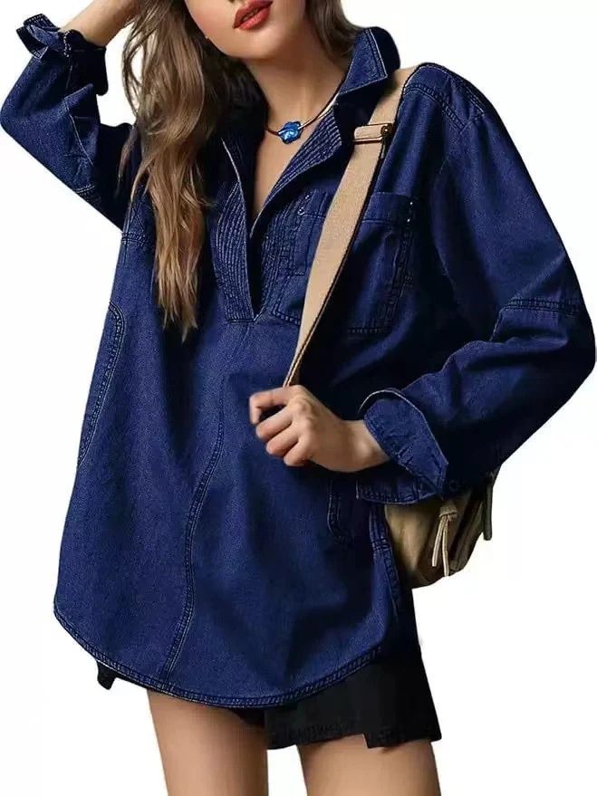 Damen Oversize-Denim-Tunika mit Henley-Ausschnitt und Kängurutasche Drune