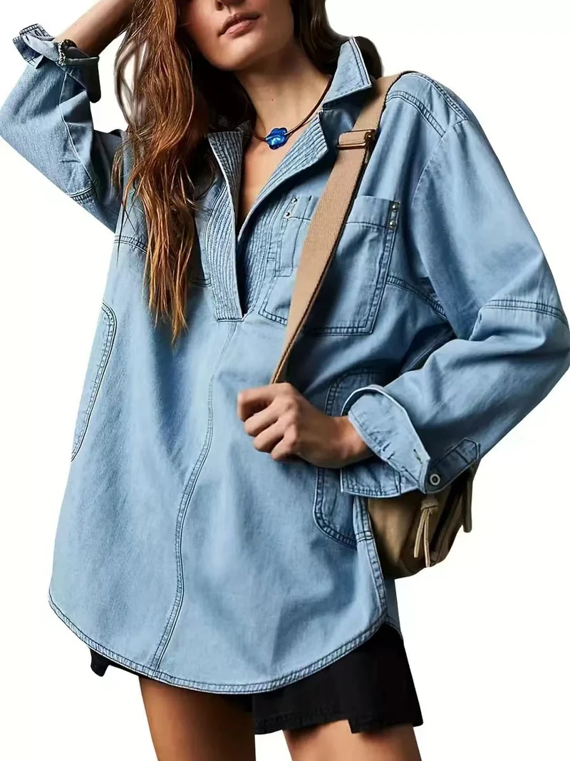 Damen Oversize-Denim-Tunika mit Henley-Ausschnitt und Kängurutasche Drune