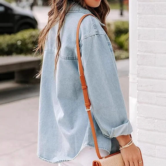 Damen Oversize Denim-Hemdjacke mit aufgesetzten Brusttaschen und lässigem Schnitt Drune