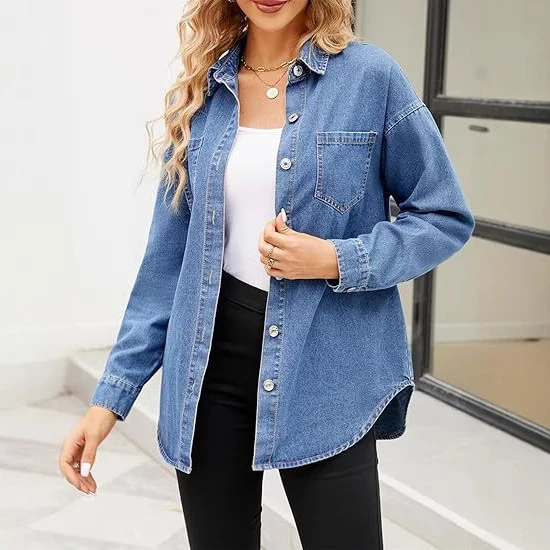 Damen Oversize Denim-Hemdjacke mit aufgesetzten Brusttaschen und lässigem Schnitt Drune