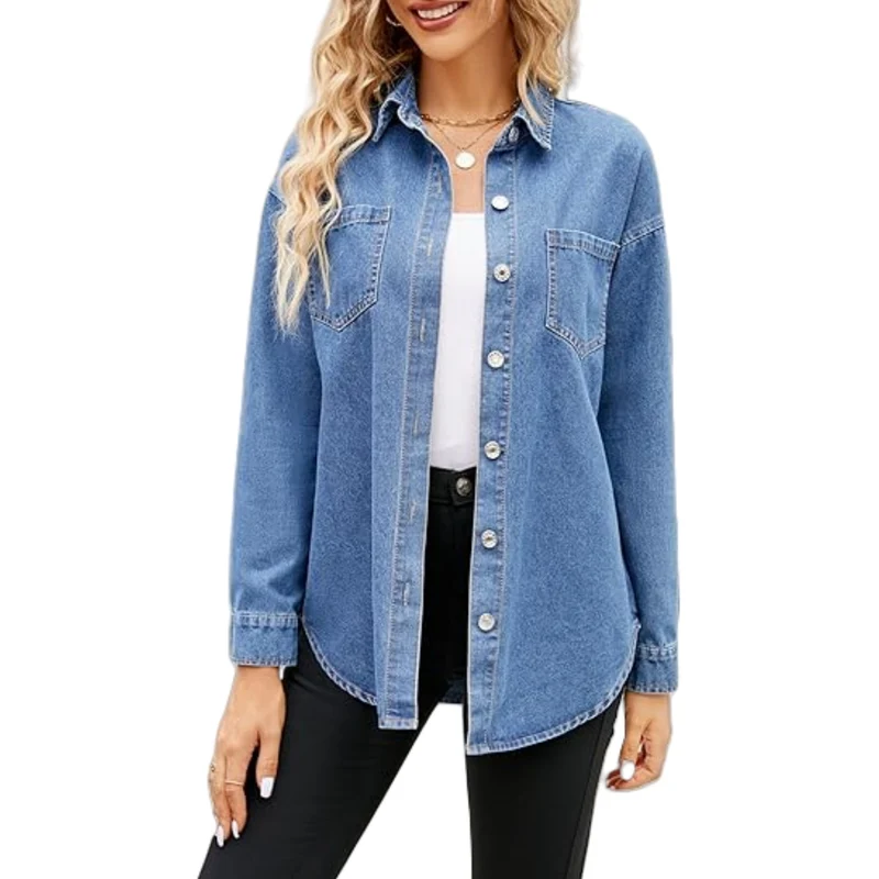 Damen Oversize Denim-Hemdjacke mit aufgesetzten Brusttaschen und lässigem Schnitt Drune