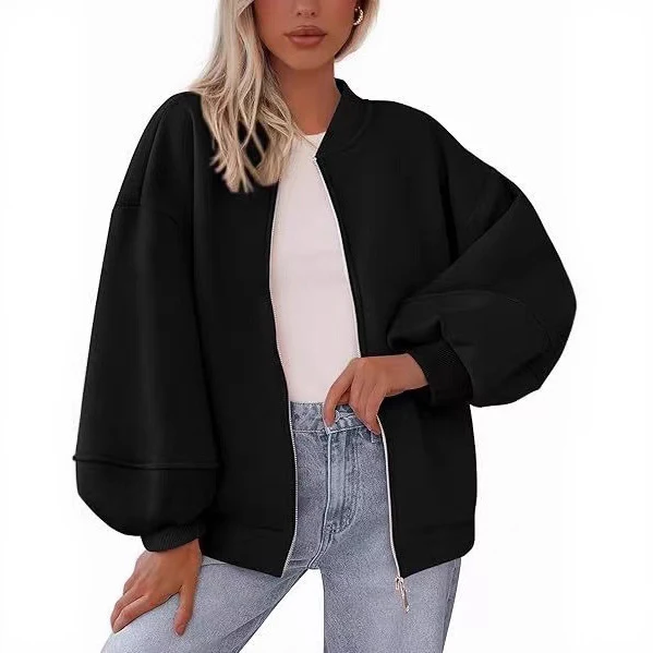 Damen Oversize Bomberjacke mit Ballonärmeln und Reißverschluss Drune