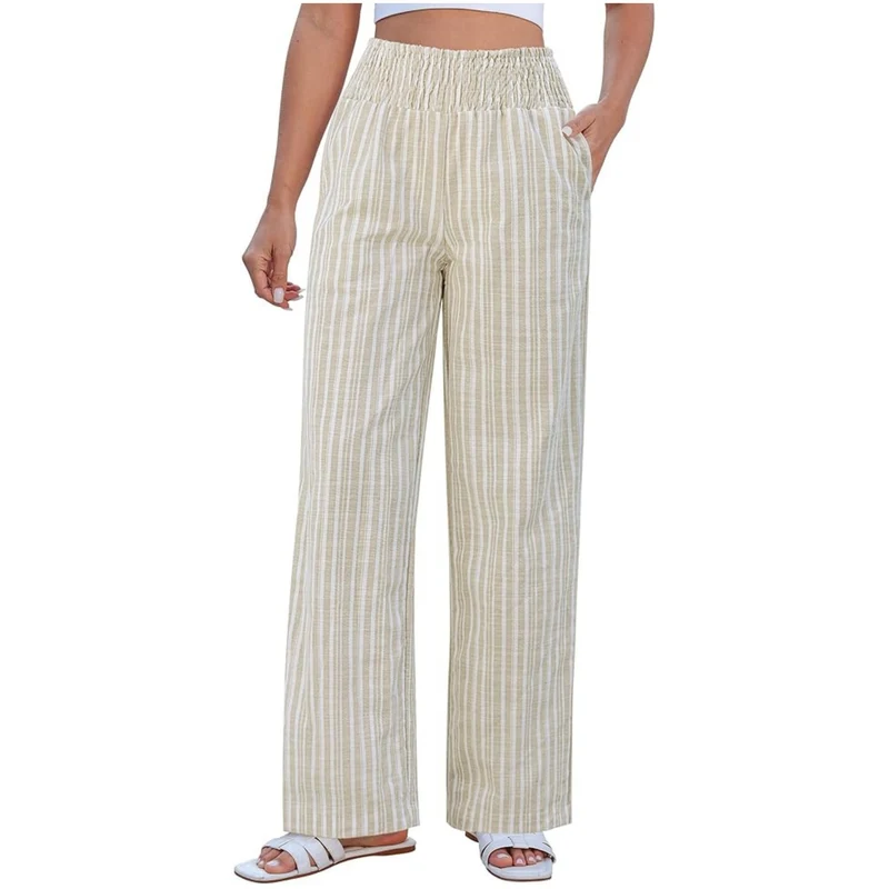 Damen Leichte Leinenhose mit weitem Bein, hoch geschnittener geraffter Gummibund und Seitentaschen Drune