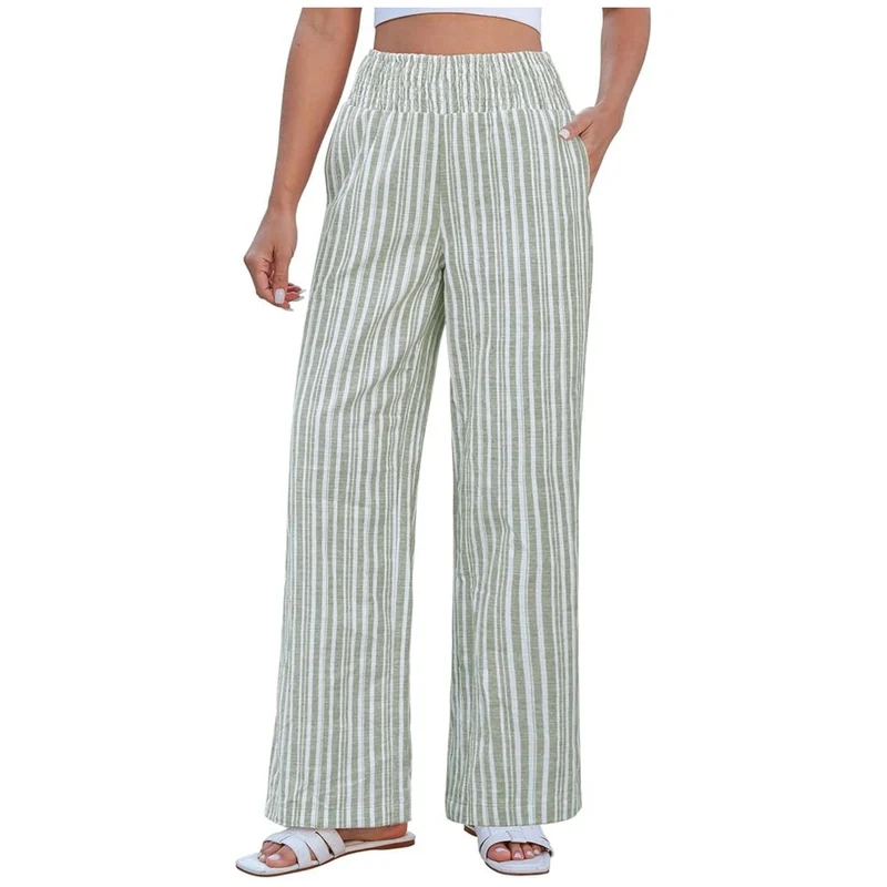Damen Leichte Leinenhose mit weitem Bein, hoch geschnittener geraffter Gummibund und Seitentaschen Drune