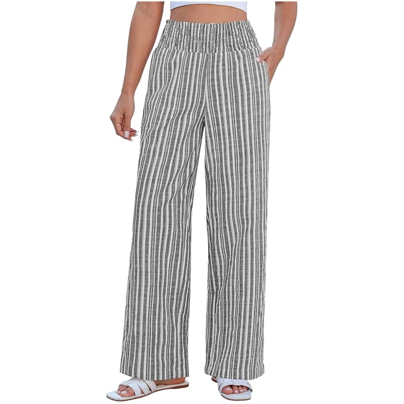 Damen Leichte Leinenhose mit weitem Bein, hoch geschnittener geraffter Gummibund und Seitentaschen Drune