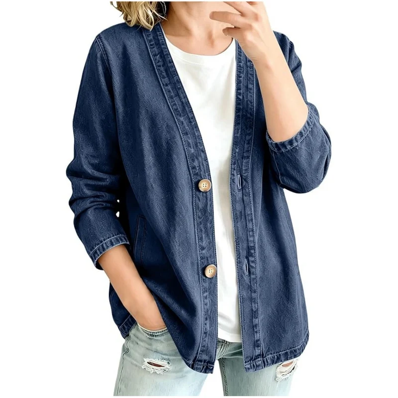 Damen lässige Oversize-Denimjacke mit Knopfleiste und Kimono-Schnitt Drune