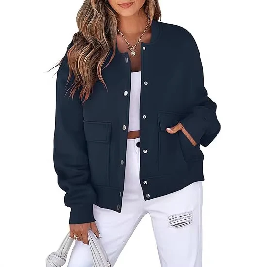Damen lässige Oversize-Bomberjacke aus Sweatstoff mit Druckknopfleiste und aufgesetzten Taschen Drune