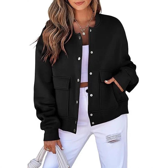 Damen lässige Oversize-Bomberjacke aus Sweatstoff mit Druckknopfleiste und aufgesetzten Taschen Drune