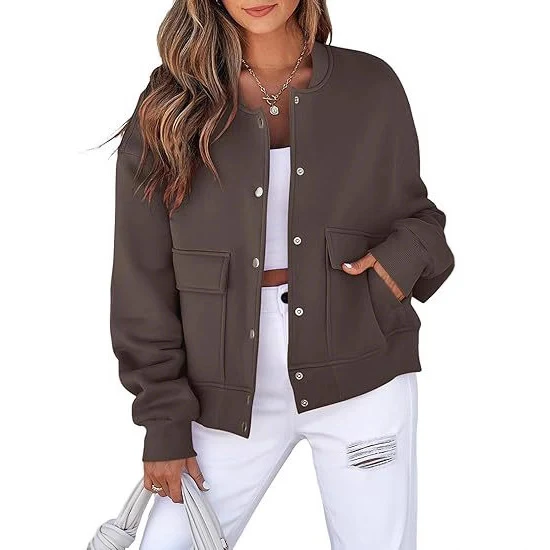 Damen lässige Oversize-Bomberjacke aus Sweatstoff mit Druckknopfleiste und aufgesetzten Taschen Drune