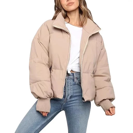 Damen Kurz geschnittene Stepp-Winterjacke mit Stehkragen, Reißverschluss und Rippbündchen Drune
