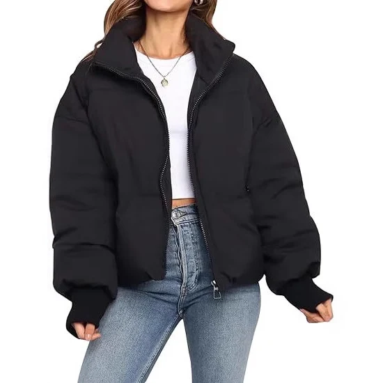 Damen Kurz geschnittene Stepp-Winterjacke mit Stehkragen, Reißverschluss und Rippbündchen Drune