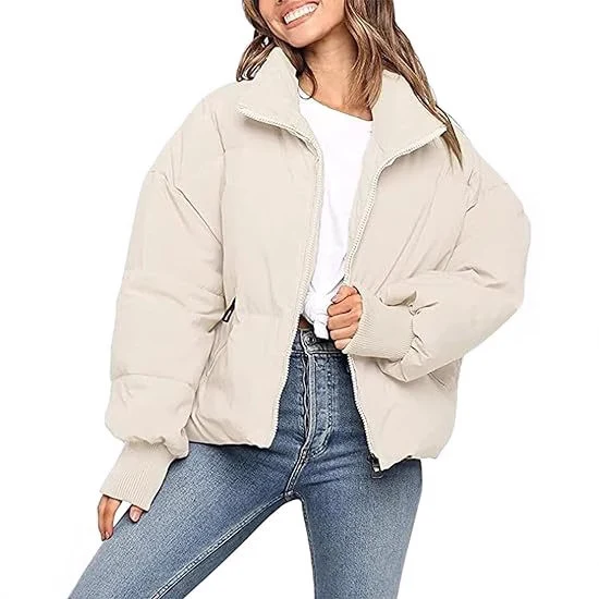 Damen Kurz geschnittene Stepp-Winterjacke mit Stehkragen, Reißverschluss und Rippbündchen Drune