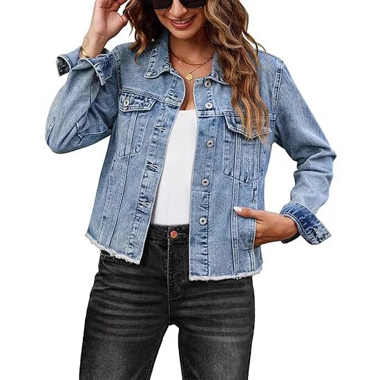 Damen Kurz geschnittene Jeansjacke mit Fransen-Saum und aufgesetzten Brusttaschen Drune